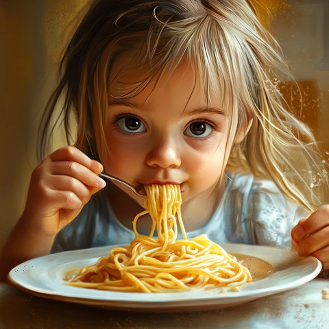 女孩吃意大利面表情专注