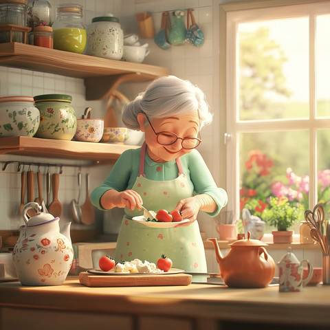 温馨厨房老奶奶准备早餐