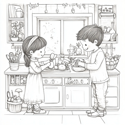 亲子厨房烹饪插画