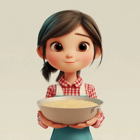 女孩手持面糊锅准备煎饼