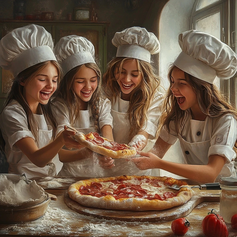 女孩做披萨撒面粉笑声满屋