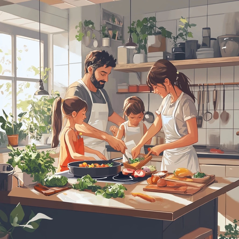 家人一起做饭厨房场景