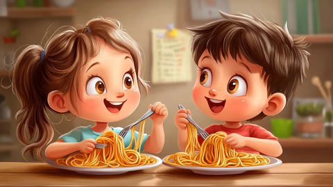 卡通孩子吃意大利面特写