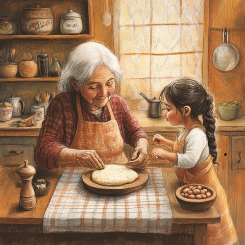 祖孙一起做玉米饼温馨场景