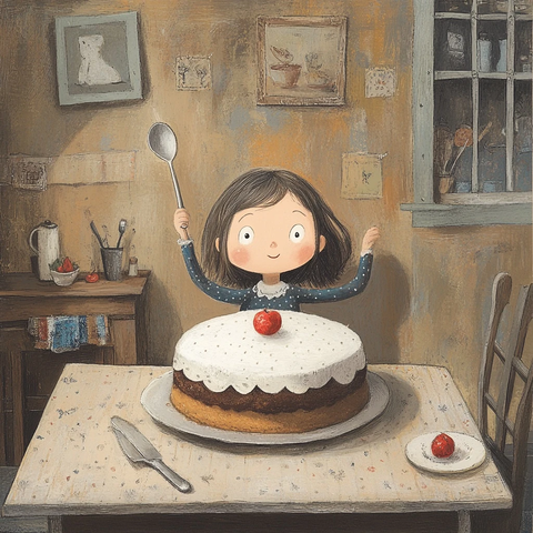 女孩银勺蛋糕桌前准备享用