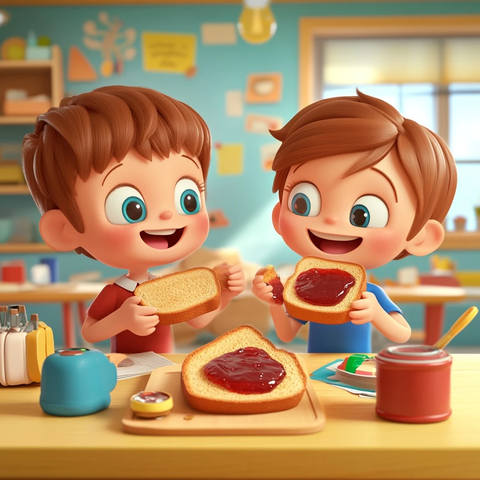 孩子们学校午餐吃面包抹果酱