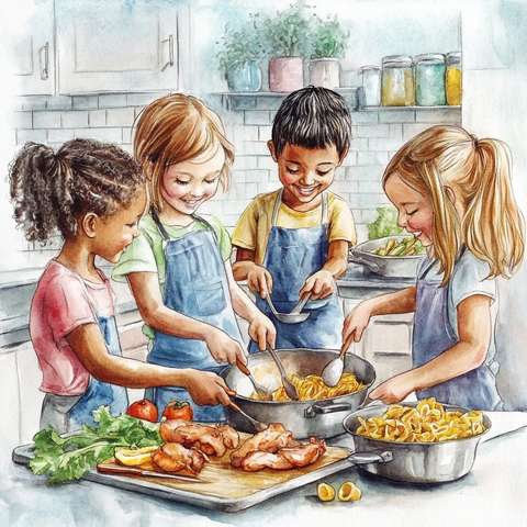 孩子们厨房烹饪鸡肉意大利面