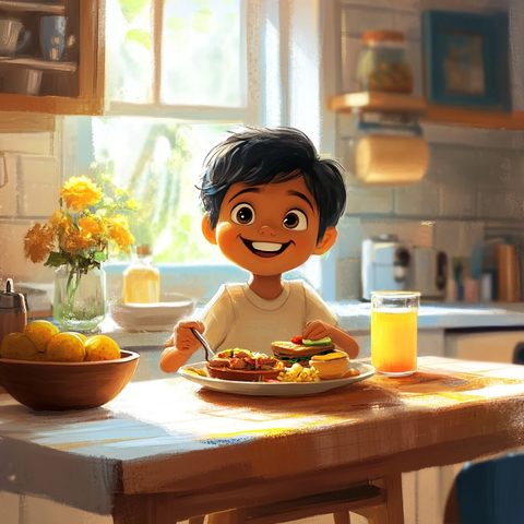 男孩餐桌享用多彩午餐