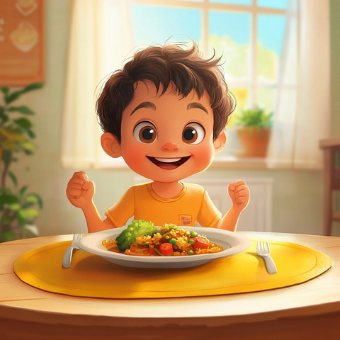 小男孩餐桌快乐用餐