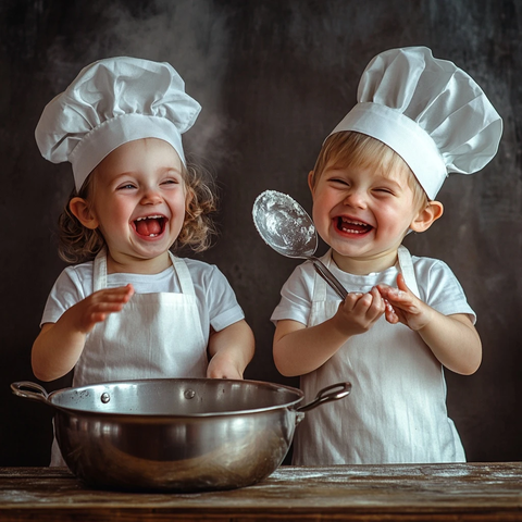 儿童举起厨具欢笑