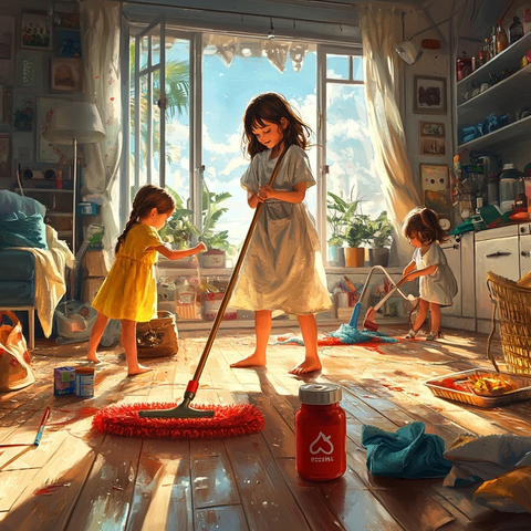 女孩拖地公寓整洁儿童玩耍