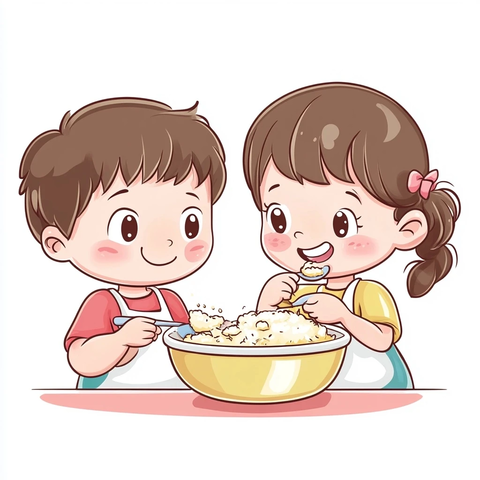 男孩女孩共用大碗吃饭