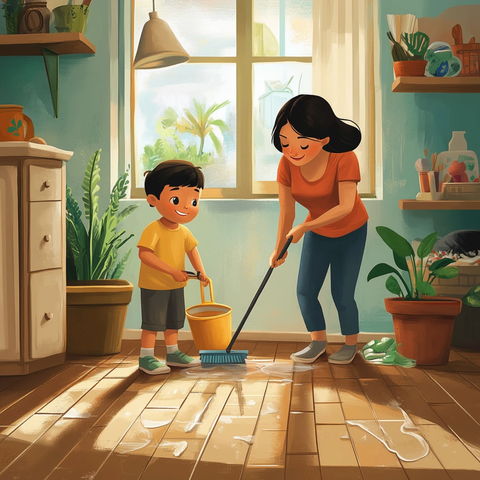 男孩帮忙妈妈打扫地板