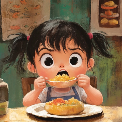 小女孩吃东西卡通插画