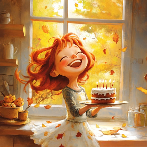 红发女孩笑捧蛋糕秋日窗景