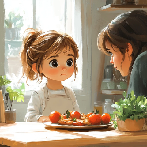 小女孩餐桌前皱眉不吃