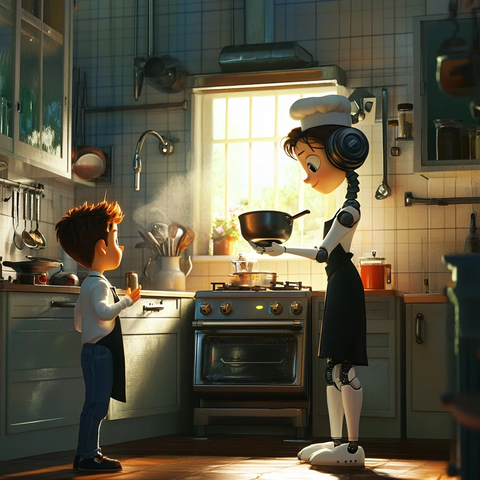 机器人厨师与男孩观看烹饪