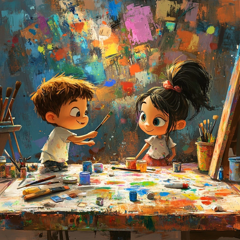 男孩女孩画画玩颜料