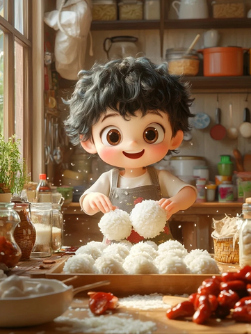 小男孩制作糯米球场景