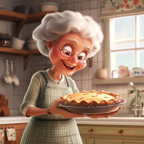 奶奶微笑取烤箱中的派