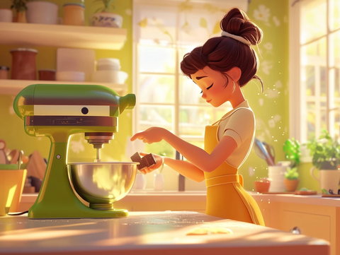 女孩准备布朗尼的厨房场景