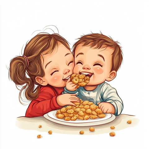 姐姐抱弟弟开心吃东西