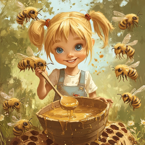 女孩蜜蜂蜂蜜木碗勺子