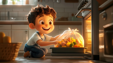 男孩跪地放蔬菜肉袋进烤箱