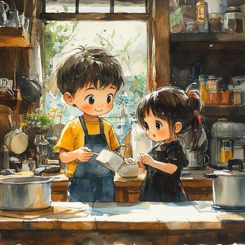 兄妹厨房准备烹饪