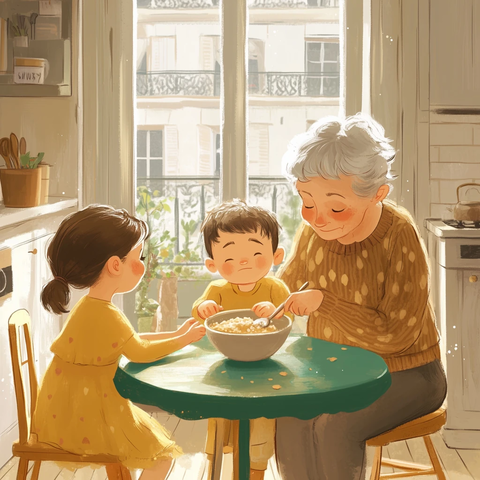 奶奶喂小男孩燕麦女孩旁观