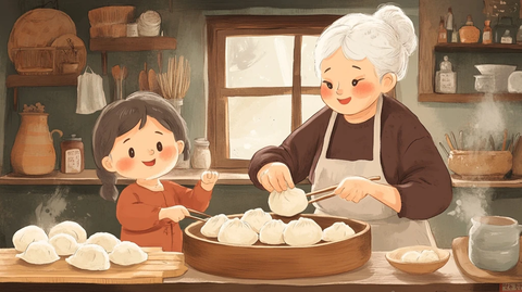 老奶奶与孩子包饺子