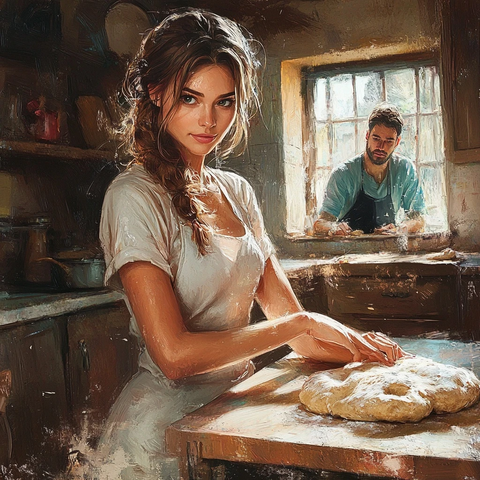 女孩手持面团男子远处凝视