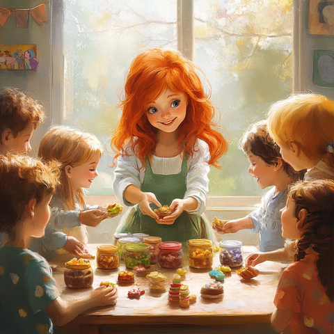 红发女老师分发糖果给孩子们