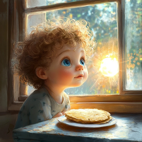 男孩看煎饼和阳光