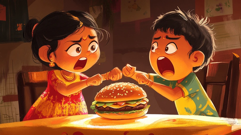 兄妹过节日吃汉堡插画