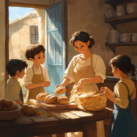 早餐时光家人共享新鲜面包