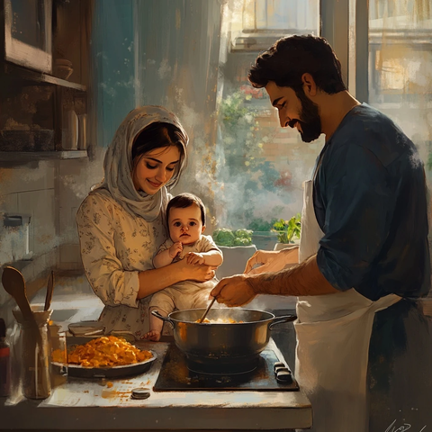 妻子抱婴儿丈夫厨房做饭