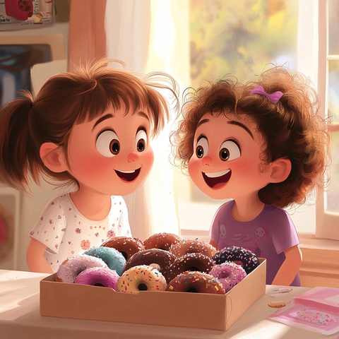 姐妹俩看甜甜圈盒子