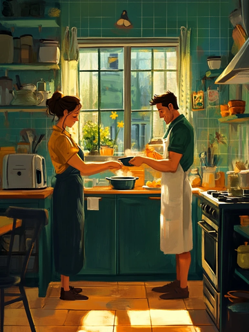 父母厨房烹饪卡通风格