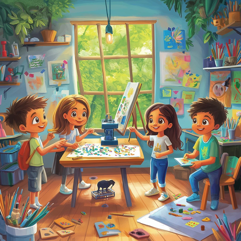 儿童艺术创作室打印与自然窗景