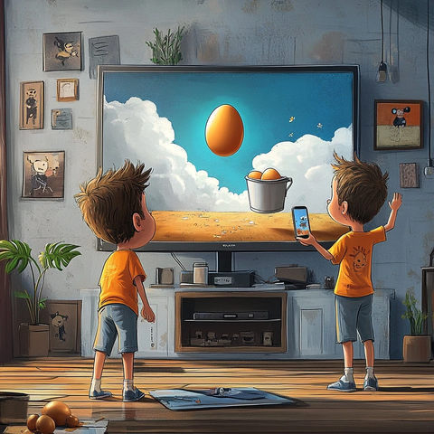 男孩接鸡蛋与电视前模仿