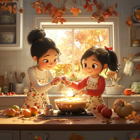 母女制作焦糖布丁的温馨厨房