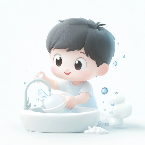 小男孩洗碗卡通插画