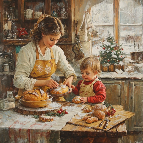 母亲煮面包宝宝旁边陪伴