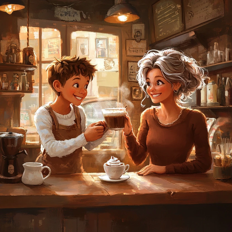 咖啡店男孩与女士热饮时光
