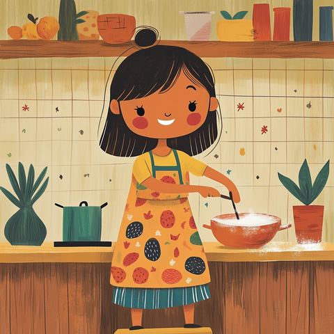 女孩帮忙搅拌面团的厨房场景