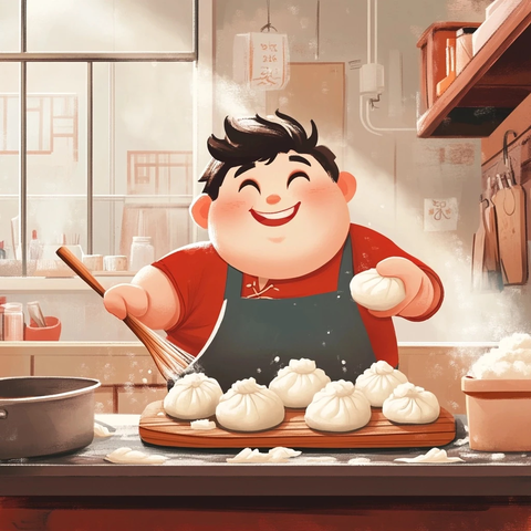 胖男孩包饺子插画