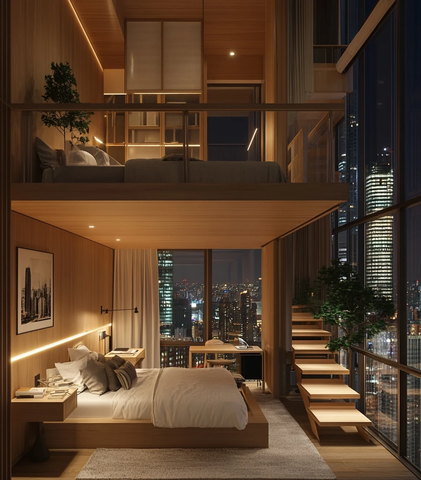 高天花板木质卧室与城市夜景