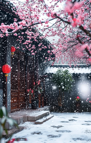 古宅庭院的雪与花