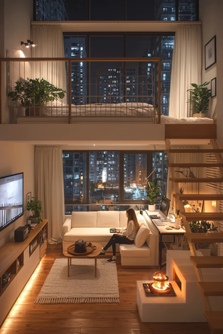 夜晚小公寓窗景与热锅